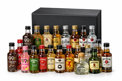 21st Birthday Sampler in a sleek black gift box with miniature liquor bottles