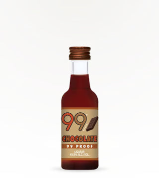 Front view of the chocolate liqueur bottle with a label design on a white background