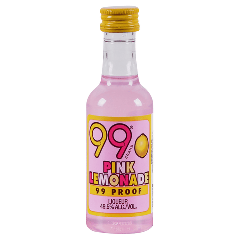 Front view of the pink lemonade liqueur in a small bottle with a gold cap