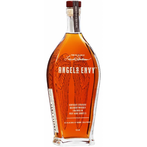 Front view of Angel's Envy bourbon bottle with amber color and gold accents