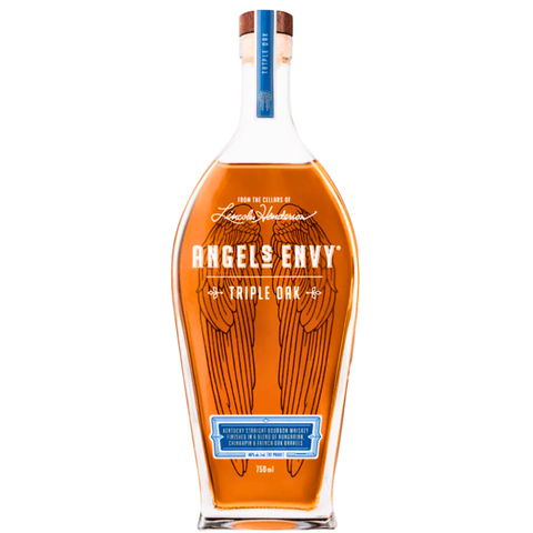 Front view of Angel's Envy bourbon bottle with unique shape and amber color