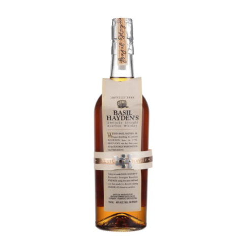 Front view of Basil Hayden's Bourbon bottle with a gold label on a white background