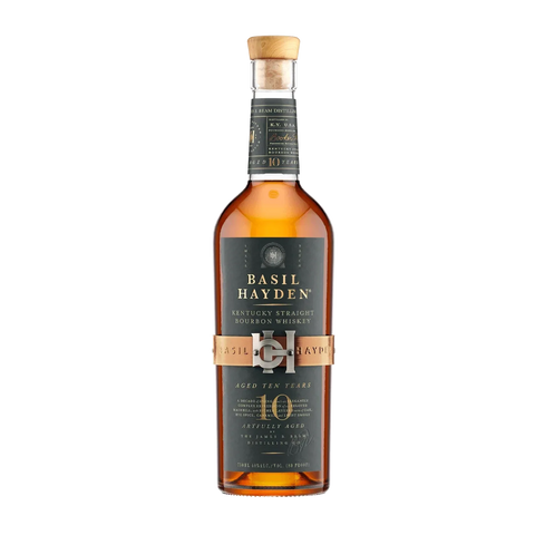 Front view of Basil Hayden's bourbon whiskey bottle with amber color and gold label.