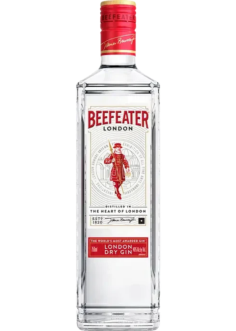 Beefeater Gin bottle showcasing clear glass and red label, front view.