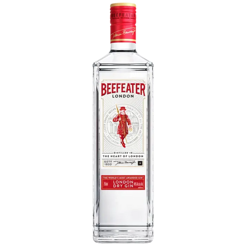 Beefeater Gin bottle with a clear body and red label, front view.
