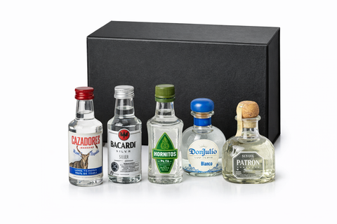 Blanco Tequila Sampler in a sleek black box with five mini bottles.