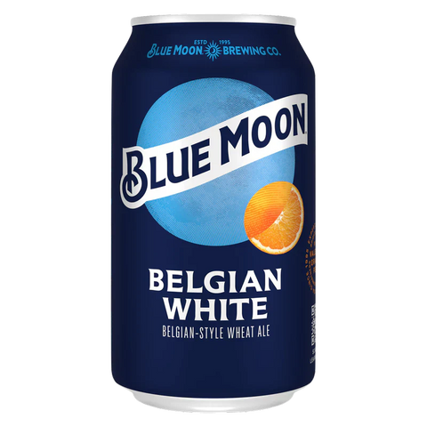 Front view of the Blue Moon beer can with orange slice graphic.
