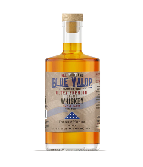 Front view of Blue Valor Whiskey bottle with cork stopper and label design.