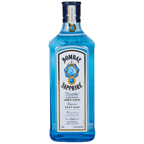 Front view of the blue Bombay Sapphire gin bottle with engraved label and silver cap
