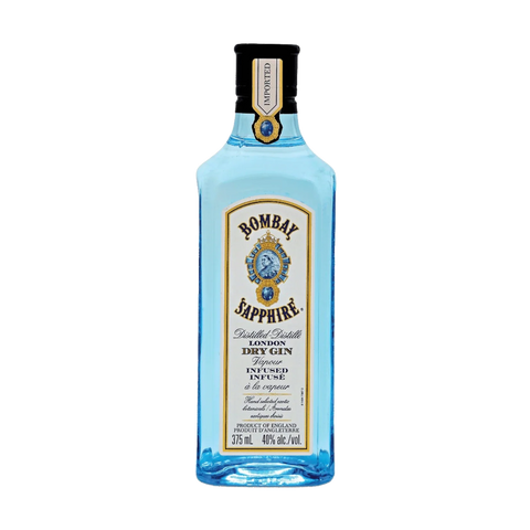 Front view of a transparent bottle of Bombay Sapphire Gin with a blue label.