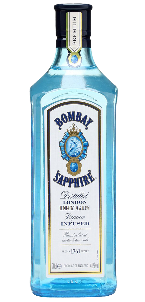 Front view of a transparent bottle of Bombay Sapphire Gin with a blue label.