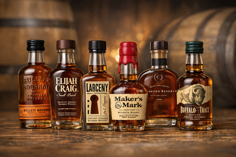 Bourbon sampler kit with various whiskey bottles and wooden barrels in a lifestyle setting