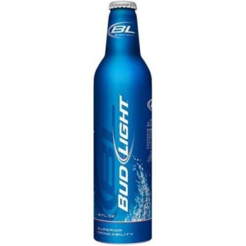 Front view of the Bud Light 16oz pack with blue bottles and metallic caps