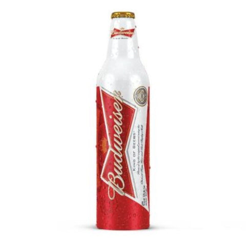 Front view of Budweiser beer can with red and gold label