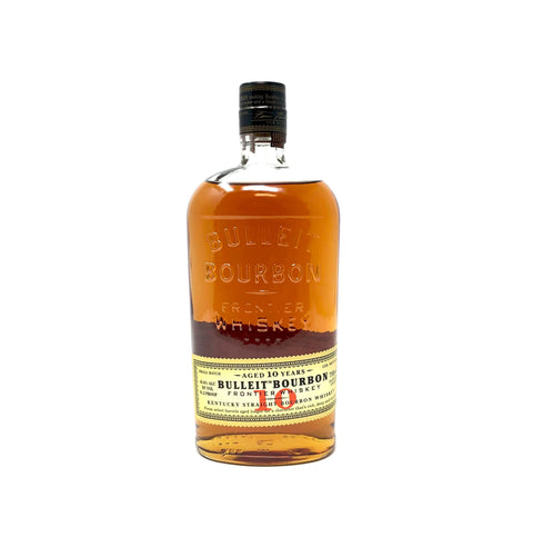 Front view of Bulleit Bourbon 10 Year in a glass bottle with a black cap.