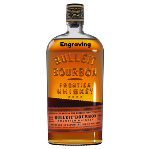 Bulleit Bourbon bottle with engraved label and cork stopper, front view.