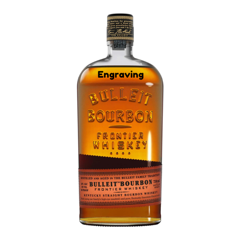 Bulleit Bourbon bottle featuring an engraved label and cork stopper, front view.
