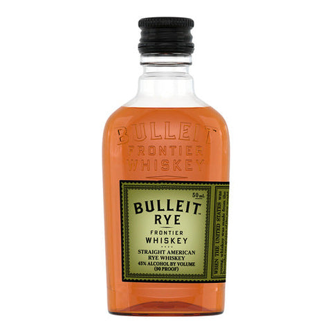 Front view of Bulleit Kentucky Rye Whiskey in a small amber bottle with a plastic cap.