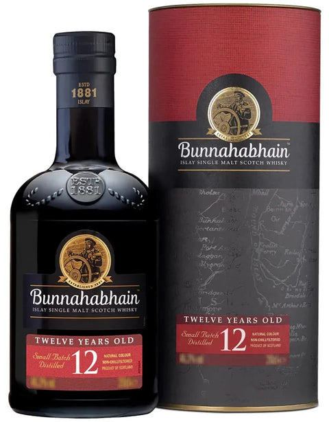 Bunnahabhain 12 whisky in a round black and gold bottle with decorative label
