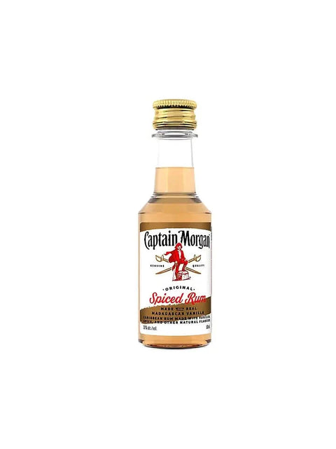 Front view of the 50ml Captain Morgan rum bottle with gold cap and label design