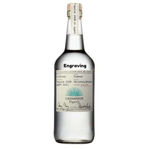 Front view of the clear Casamigos Blanco tequila bottle with engraved label.