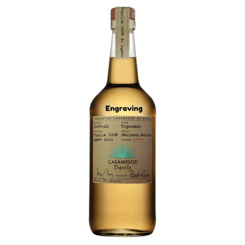 Front view of Casamigos Reposado Tequila bottle with engraved label and cork stopper.