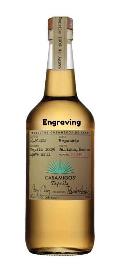 Front view of Casamigos Reposado Tequila bottle showcasing engraved label and cork stopper.