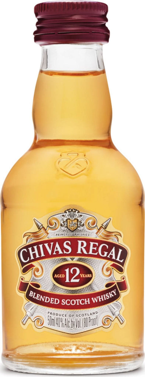 Front view of Chivas 12YR Scotch Whiskey bottle with a yellow and brown label.