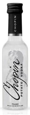 Front view of a clear liquor bottle with a label design and screw cap