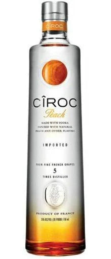 Front view of Ciroc Peach Vodka in a tall clear bottle with an orange label.