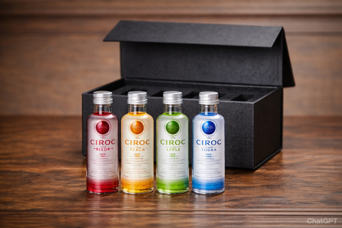 Ciroc sampler bottles in a black gift box with colorful labels