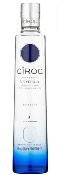 Front view of a clear glass bottle of Ciroc Vodka with a blue gradient label