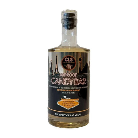 Front view of the clear bottle of City Lights Shine liqueur with a corked top.