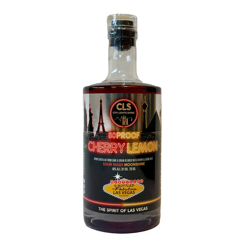 Front view of the glass bottle of cherry lemon whiskey with a colorful label.