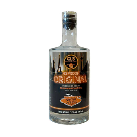 Front view of the clear glass bottle of City Lights Shine Original moonshine with a cork stopper