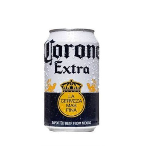 Front view of the silver Corona Extra beer can with a crown logo on a white background