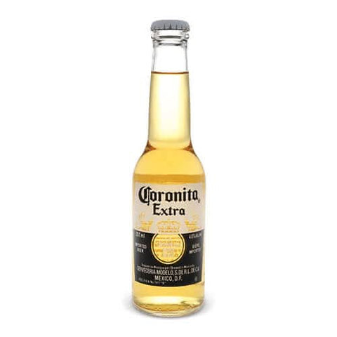 Front view of the clear bottle of Coronita with a label on a white background