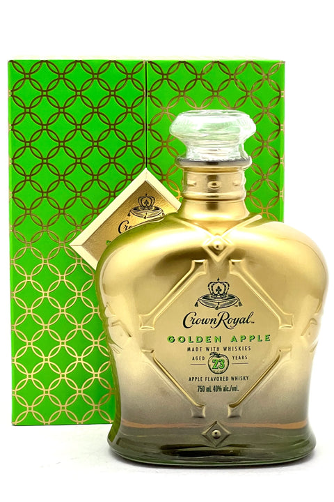 Front view of the Crown Royal Golden Apple whiskey bottle with engraving features.