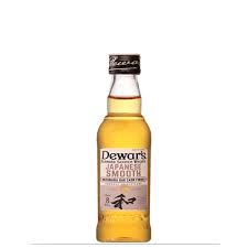 Front view of Dewar's Japanese Smooth Scotch in a clear bottle with a gold label.