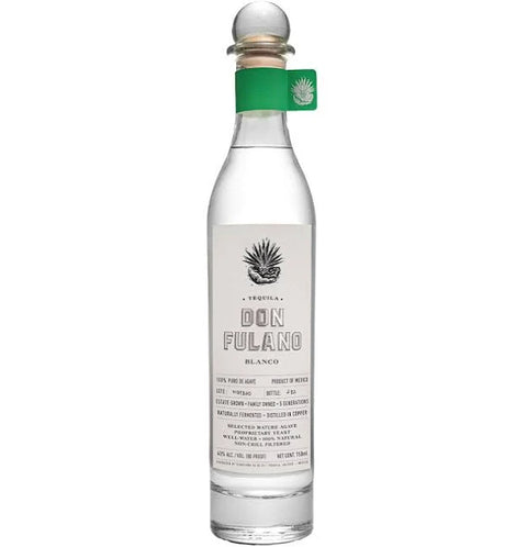 Front view of Don Fulano Tequila Blanco bottle with cork stopper on a white background