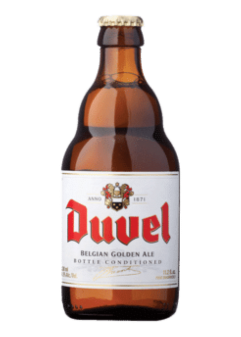 Front view of the Duvel beer bottle with a brown label and crown cap
