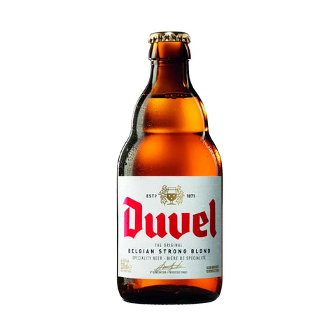 Front view of the Duvel Belgian Strong Blond beer bottle with a gold label.