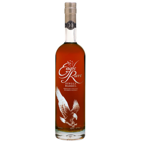 Front view of the engraved Eagle Rare Single Barrel Bourbon bottle with wooden cork.