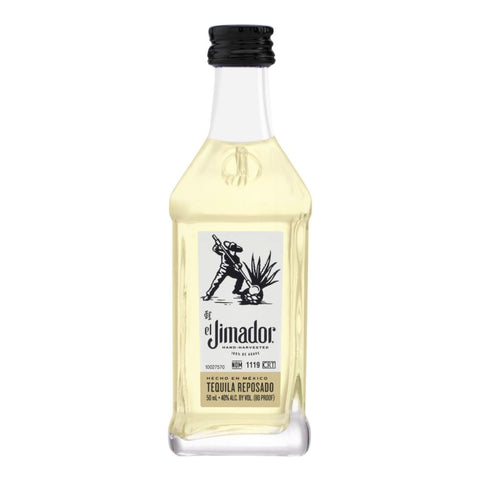 Front view of the clear bottle of El Jimador Reposado Tequila with a label design.