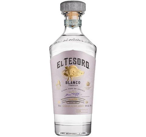 Front view of El Tesoro Tequila Blanco in a tall glass bottle with a metallic cap