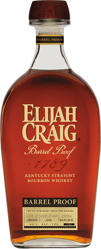 Elijah Craig Barrel Proof bourbon bottle with amber color and cork stopper, front view.