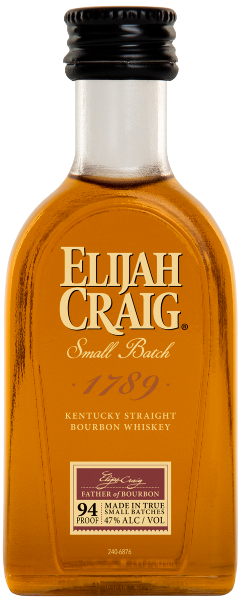 Elijah Craig Small Batch Bourbon bottle in amber color with a label, front view.