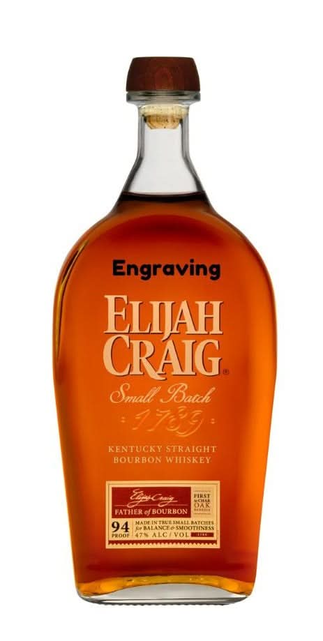 Front view of Elijah Craig Small Batch whiskey bottle with rounded shape and amber color