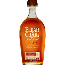 Elijah Craig Straight Bourbon bottle in amber glass with a cork stopper, front view