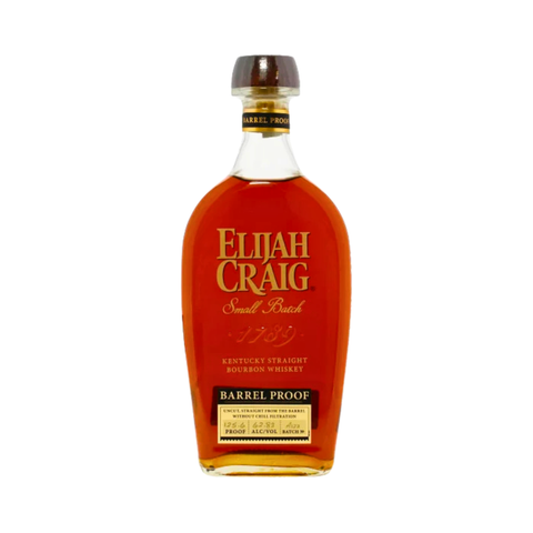Elijah Craig Straight Bourbon Barrel Proof bottle with amber color and gold cap, front view.